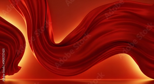 A dynamic red silk wave flows across the stage, captured from a front viewpoint, as seen in 9.jpg, with dramatic folds