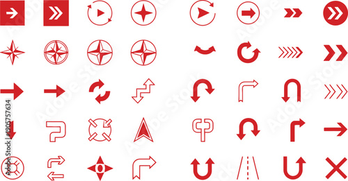 A comprehensive collection of red arrow icons and symbols for navigation, direction, and user interface design on a clean white background.