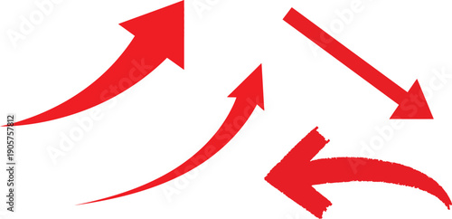 Dynamic set of vibrant red arrows pointing in various directions on a clean white background, indicating movement and change.