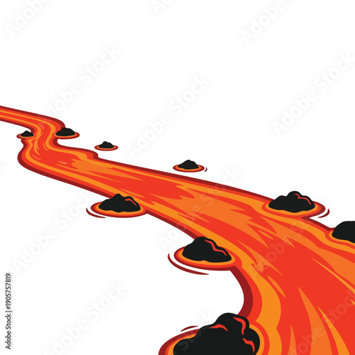 Dramatic Lava Flow Eruption with Fiery Stream and Volcanic Rocks