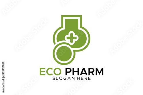 Eco Pharmacy Laboratory Logo with Green Medical Flask and Cross Symbol