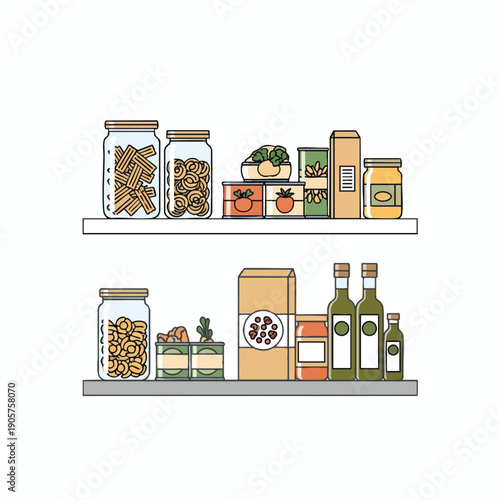Organized Pantry Shelf with Healthy Food Storage and Grocery Items