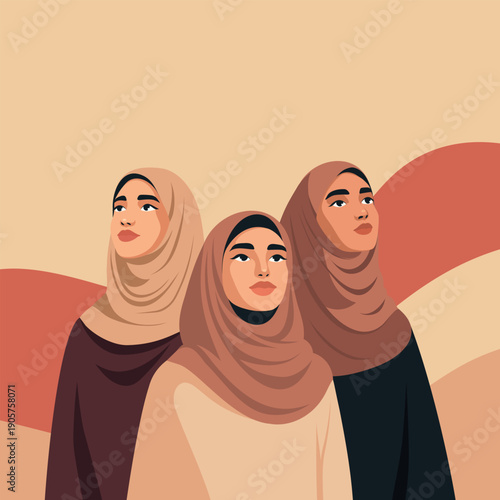 Emirati Women’s Day. Vector banner with space for text. Three Arab Muslim women in hijabs look up against a sandy beige background. Symbol of beauty and dignity, empowerment. For cultural celebrations