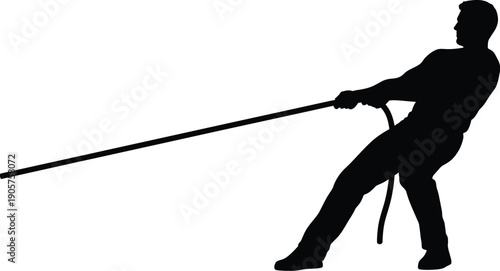 Businessman pulls a rope with great physical effort to demonstrate teamwork and corporate strength.