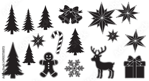 Collection of winter holiday icons and festive decorative elements