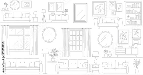 Architectural sketch of various furniture and window designs isolated on transparent background