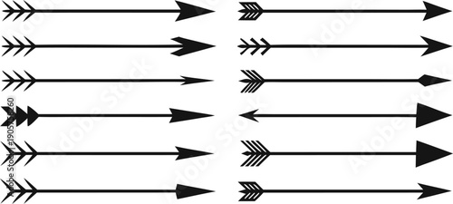Ten black arrows with different arrowhead pointing to the right on a white background