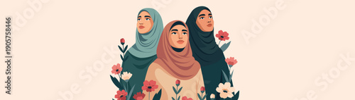 International Women's Day, March 8. Vector horizontal banner with space for text. Arab Muslim women in hijabs look up against a background of flowers. Symbol of beauty, dignity, freedom, empowerment