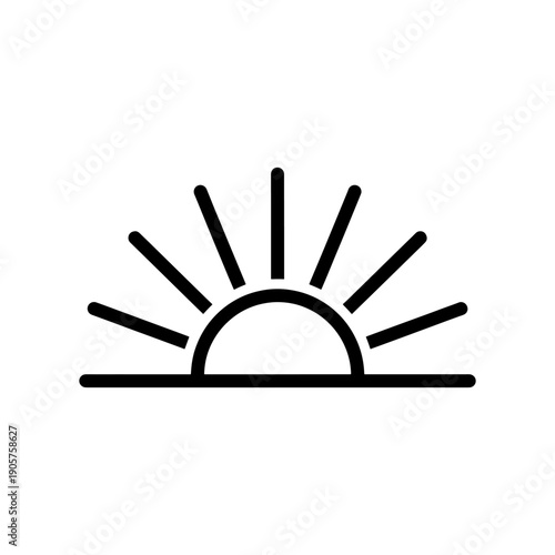 Simple black outline depicts a rising sun over the horizon minimal style silhouette