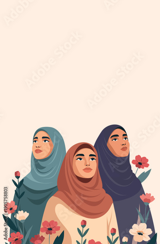 International Women's Day, March 8. Vector vertical banner with space for text. Three Arab Muslim women in hijabs look up against a background of flowers. A symbol of beauty, dignity, and empowerment