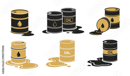 Oil barrel vector illustration set in gold and black with oil drop label and crude oil spill puddle isolated on transparent background