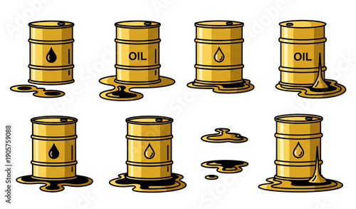 Gold oil barrel outline vector set with oil drop label and crude spill puddle isolated on transparent background
