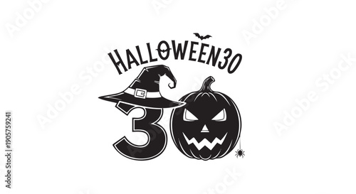 Halloween celebration number thirty with witch hat and jack o lantern