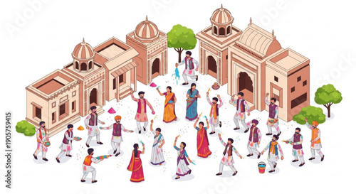 Indian people celebrating Holi festival with colorful powder traditional clothing and architecture isometric illustration for cultural events