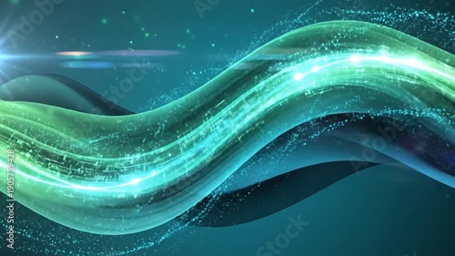 Abstract Data Stream Visualization - Green and Blue Wavy Lines.