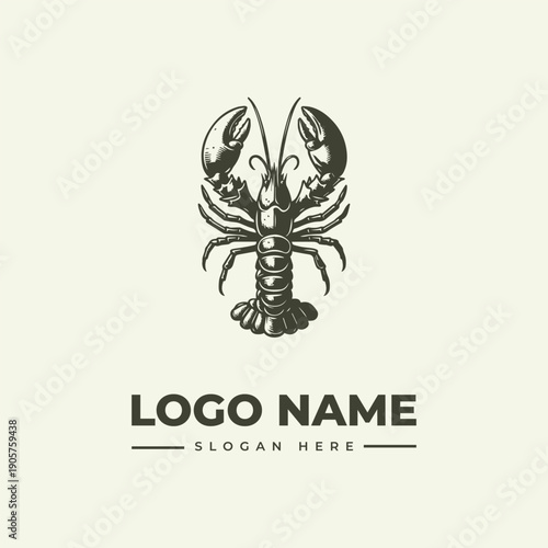 A vintage engraving-style illustration of a lobster logo with a placeholder name and slogan on a clean white background.