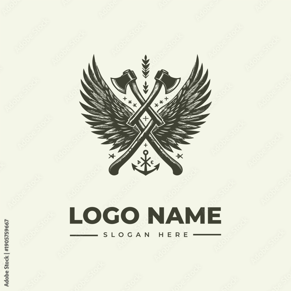 Fototapeta premium A black and white illustration of a winged logo with crossed axes and anchor on a beige background, featuring a vintage engraving style with the text 'LOGO NAME' and 'SLOGAN HERE' in a