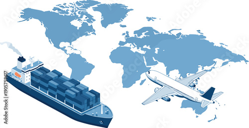 Global logistics and international shipping concept with isometric cargo ship, airplane, and world map background vector illustration