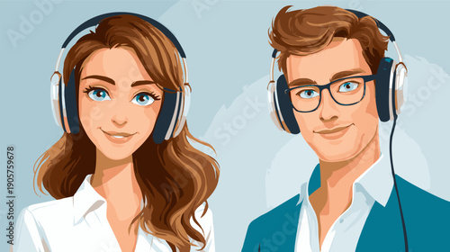Cartoon avatars of young man and woman wearing headphones, customer support or podcast host characters on blue background.