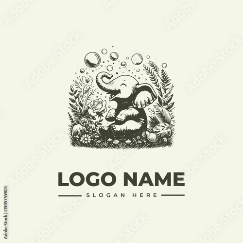 A vintage engraving-style logo featuring an elephant surrounded by underwater plants and bubbles on a clean white background.