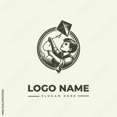 A vintage-style woodcut illustration of a boy flying a kite within a circular logo design with a placeholder name and slogan on a cream background.