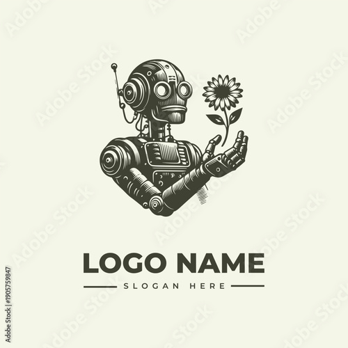 A robotic figure holds a flower with a logo name and slogan on a plain background in a vintage engraving style.