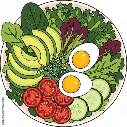 Healthy salad bowl with avocado slices, boiled eggs, cherry tomatoes, and fresh greens. Nutritious organic meal concept vector illustration.
