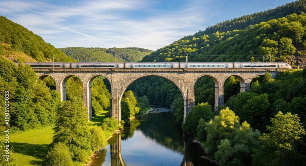Fototapeta premium Train traveling over stone bridge through lush green landscape on sunny day