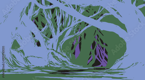 Minimalist Japanese-inspired forest background with tangled light blue tree trunks and deep green foliage. Hand-drawn organic shapes and purple accents create a serene, ethereal mood.