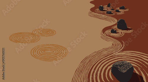 Minimalist Japanese Zen garden background featuring black stones on a tan sand field. Hand-drawn concentric ripples and a winding path create a serene, spacious meditative aesthetic.