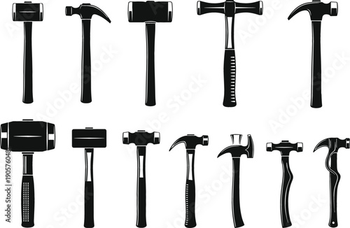 Set of black hammer silhouettes featuring claw hammers mallets and sledgehammers for construction and carpentry graphic design