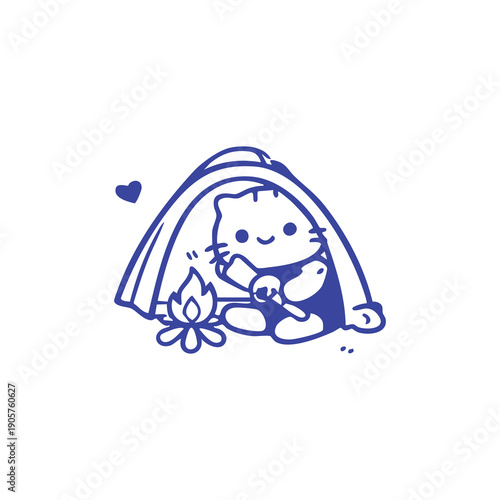 Cat Camping in a Tent with a Flower