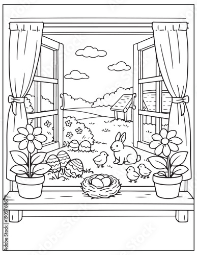 Printable easter window scene with bunny, chicks, and spring flowers coloring page