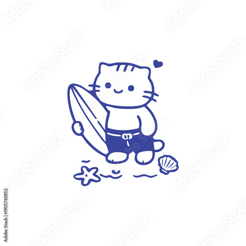 Adorable cartoon cat at the beach with surfboard