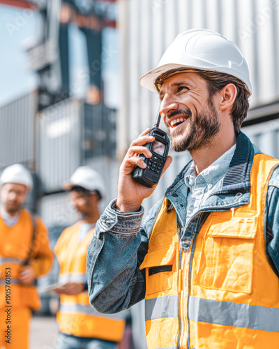 A smiling worker in safety gear communicates via radio at a shipping yard, surrounded by colleagues in similar attire.