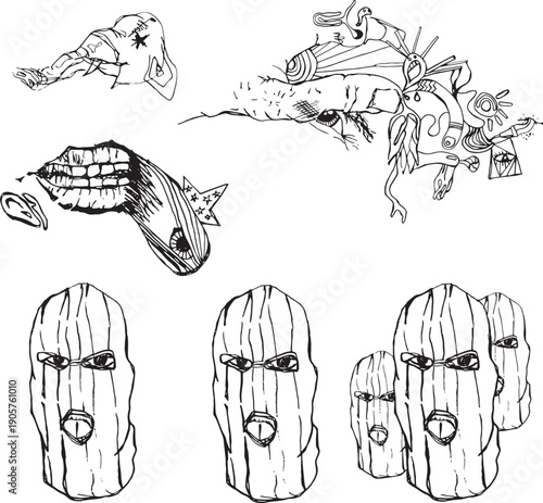 Surreal street art vector set with balaclava masks and abstract faces