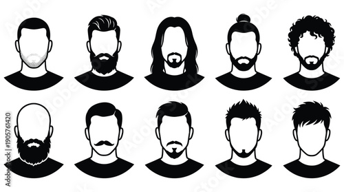 Diverse group of men with various hairstyles and beards in black and white