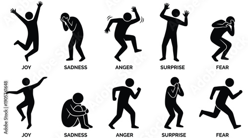 Human Emotions Silhouette Set with Joy, Sadness, Anger, Surprise, and Fear Expressions