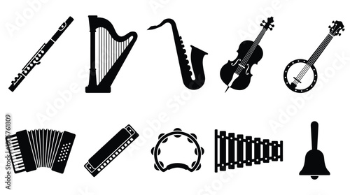 Musical instruments icons set including flute, harp, saxophone, violin, banjo, and more