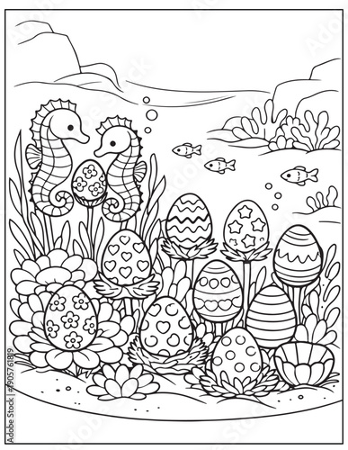 Underwater easter egg hunt coloring page with seahorses and marine life