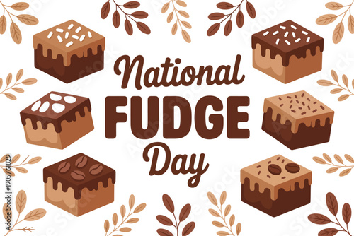 Fudge vector illustration celebrating National Fudge Day with chocolate treats