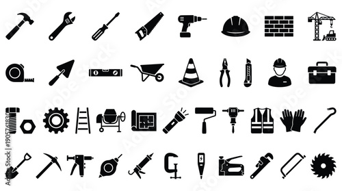 Collection of construction and handyman tools icons in black and white