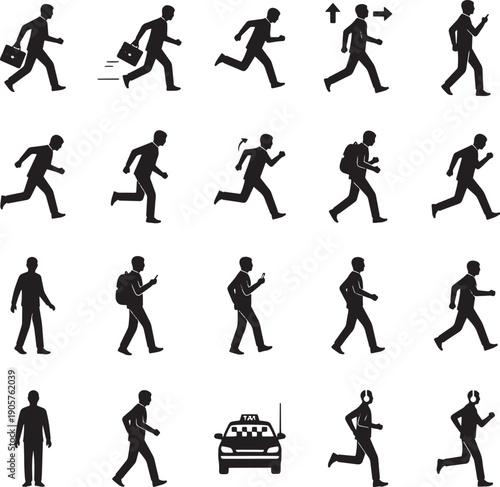 Business man character walking and running with briefcase silhouette