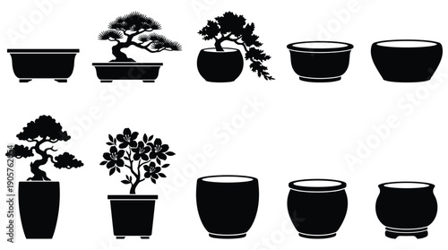 Bonsai trees and plant pots in black silhouette on white background