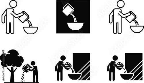 Detailed vector set featuring 6 instructional action icons including pouring liquid into bowls and watering trees for manuals