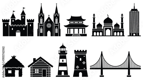 Architectural landmarks and structures in black silhouette on white background