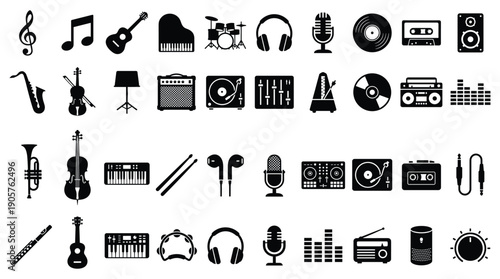 Music icons and symbols for music industry, audio equipment, and musical instruments