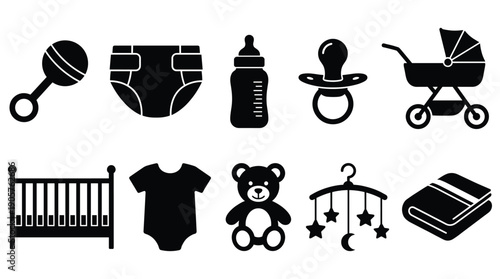 Baby care and nursery essentials icon set in black and white