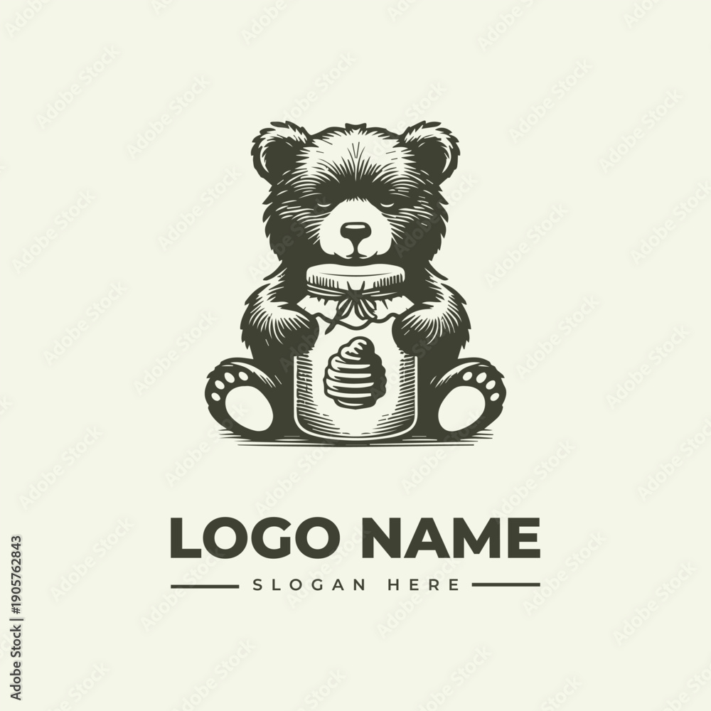 Obraz premium A vintage-style woodcut illustration of a cute bear holding a honey jar with a logo and slogan on a beige background.