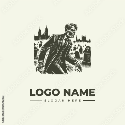A vintage engraving style logo featuring a zombie-like man emerging from a graveyard with a cityscape in the background, incorporating a woodcut illustration technique.